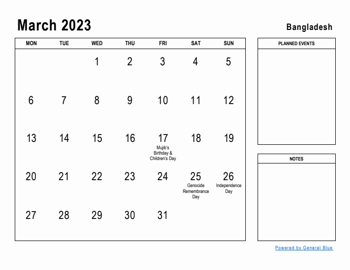 March 2023 Printable Monthly Calendar with Bangladesh Holidays