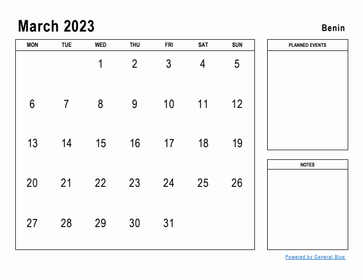 March 2023 Printable Monthly Calendar with Benin Holidays