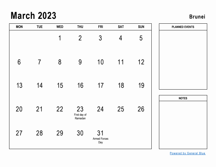 March 2023 Printable Monthly Calendar with Brunei Holidays