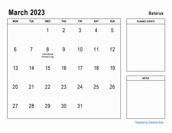 March 2023 Printable Monthly Calendar with Belarus Holidays