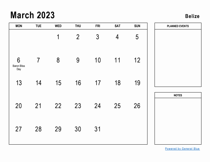 March 2023 Printable Monthly Calendar with Belize Holidays