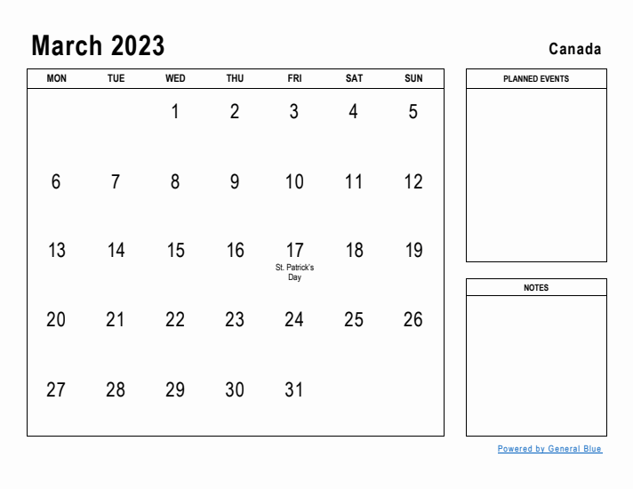 March 2023 Printable Monthly Calendar with Canada Holidays