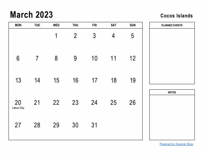 March 2023 Printable Monthly Calendar with Cocos Islands Holidays