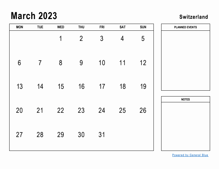 March 2023 Printable Monthly Calendar with Switzerland Holidays