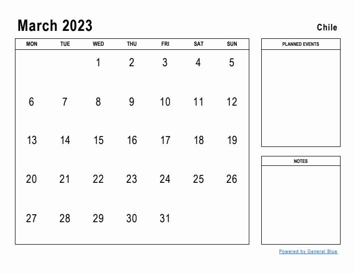 March 2023 Printable Monthly Calendar with Chile Holidays