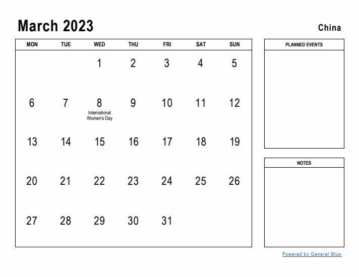 March 2023 Printable Monthly Calendar with China Holidays