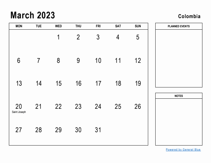 March 2023 Printable Monthly Calendar with Colombia Holidays