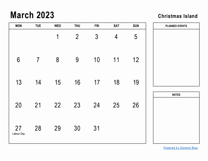 March 2023 Printable Monthly Calendar with Christmas Island Holidays