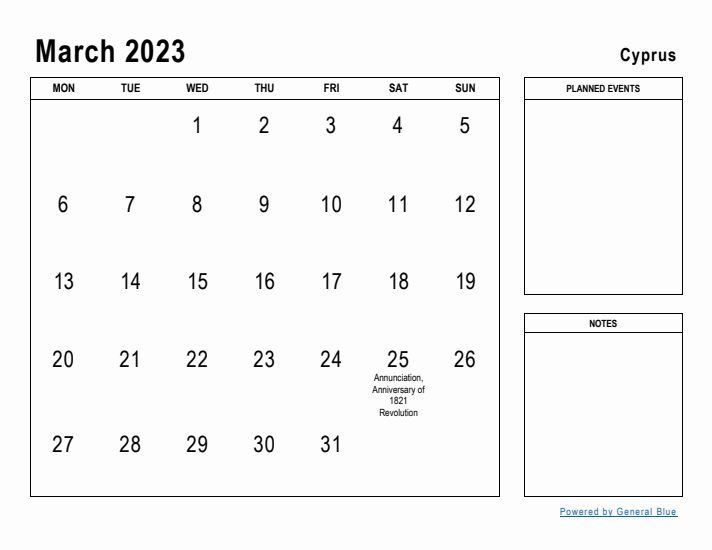 March 2023 Printable Monthly Calendar with Cyprus Holidays