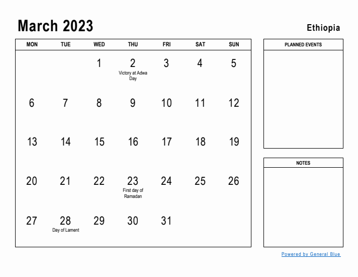 March 2023 Printable Monthly Calendar with Ethiopia Holidays