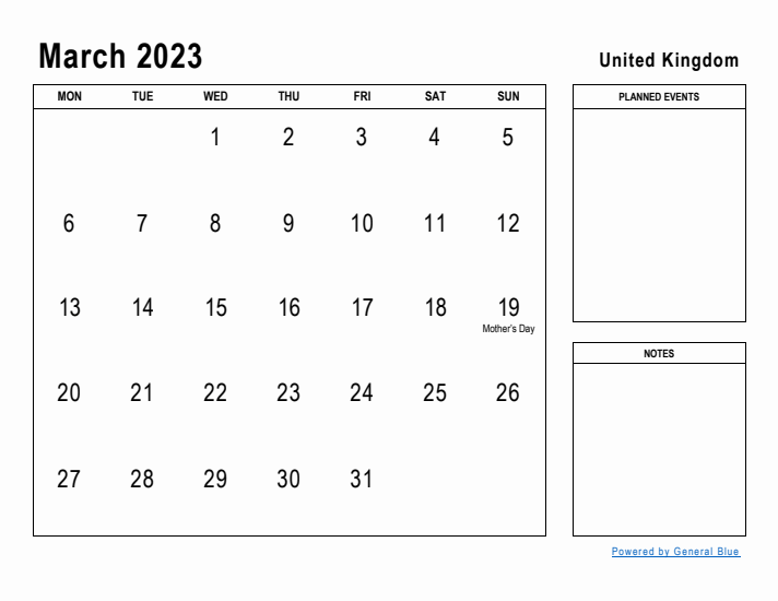 March 2023 Printable Monthly Calendar with United Kingdom Holidays