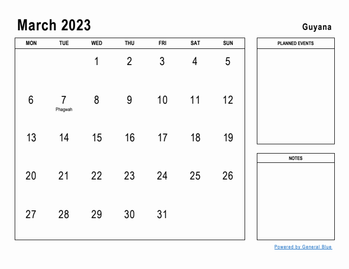 March 2023 Printable Monthly Calendar with Guyana Holidays