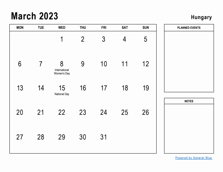 March 2023 Printable Monthly Calendar with Hungary Holidays