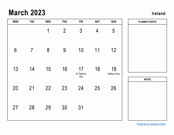 March 2023 Printable Monthly Calendar with Ireland Holidays