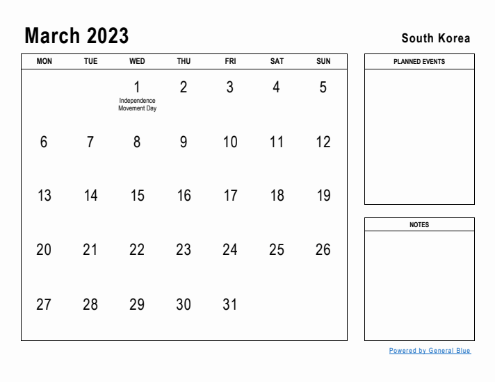 March 2023 Printable Monthly Calendar with South Korea Holidays