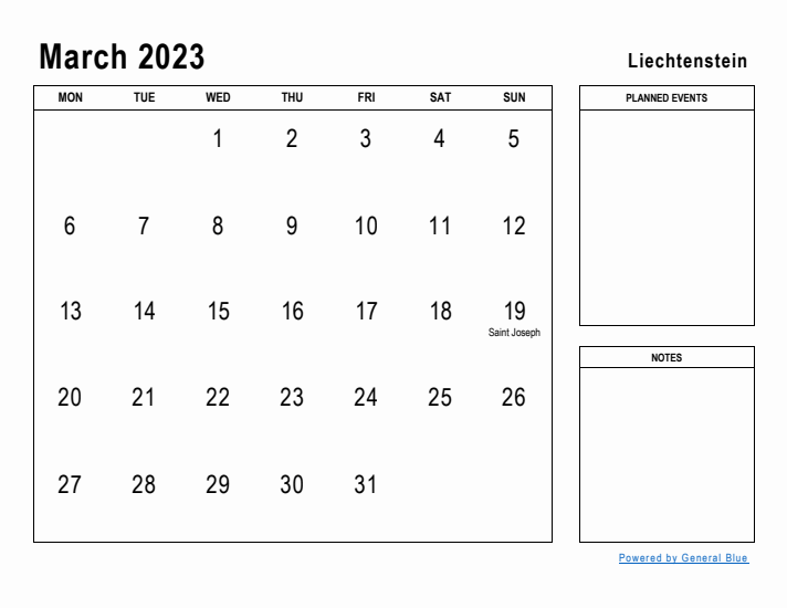 March 2023 Printable Monthly Calendar with Liechtenstein Holidays