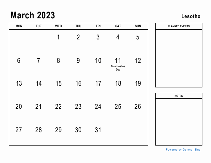 March 2023 Printable Monthly Calendar with Lesotho Holidays