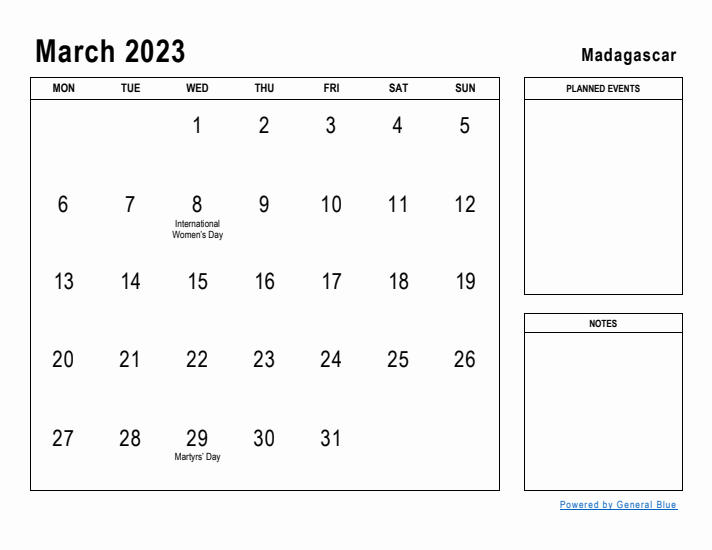 March 2023 Printable Monthly Calendar with Madagascar Holidays