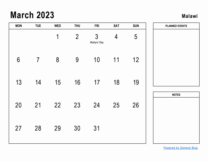 March 2023 Printable Monthly Calendar with Malawi Holidays