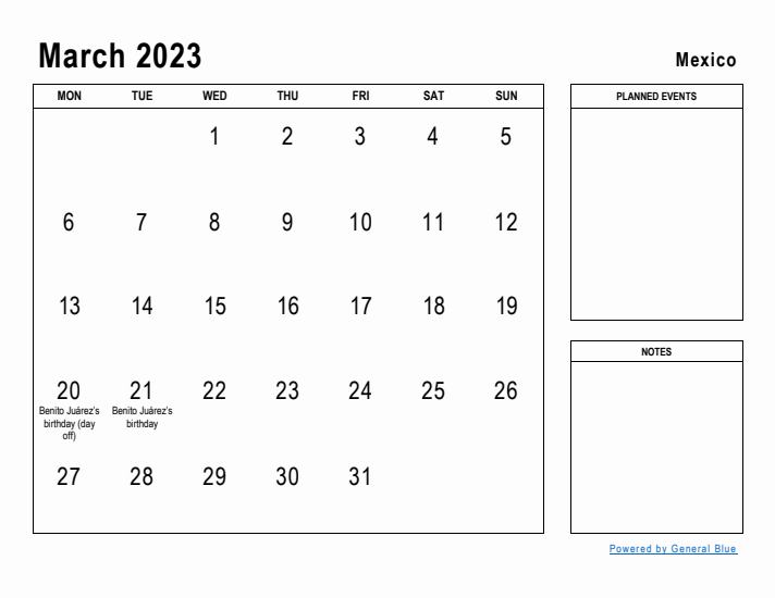 March 2023 Printable Monthly Calendar with Mexico Holidays