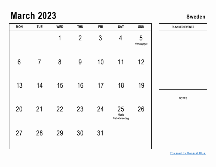 March 2023 Printable Monthly Calendar with Sweden Holidays