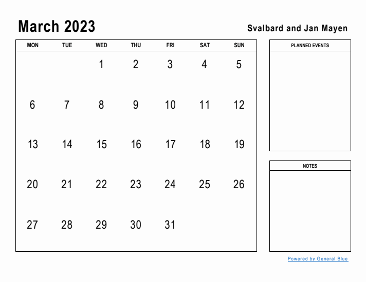 March 2023 Printable Monthly Calendar with Svalbard and Jan Mayen Holidays