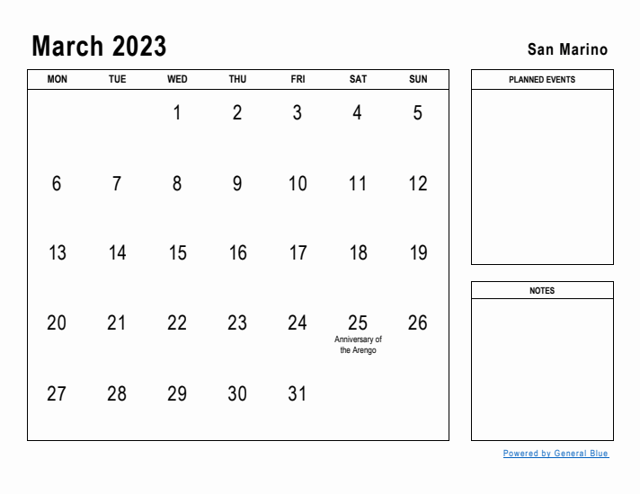 March 2023 Printable Monthly Calendar with San Marino Holidays