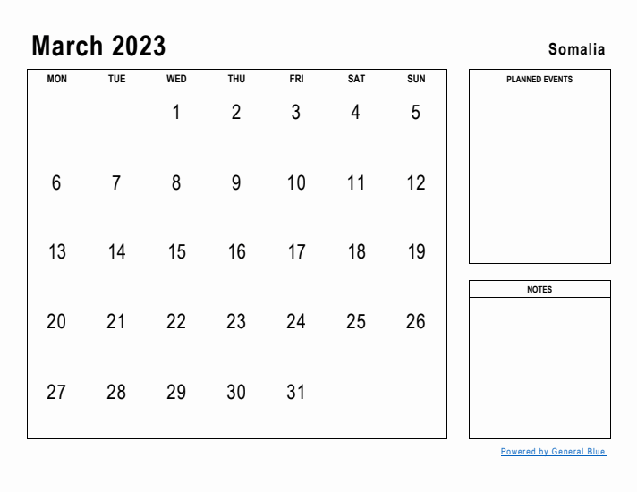 March 2023 Printable Monthly Calendar with Somalia Holidays