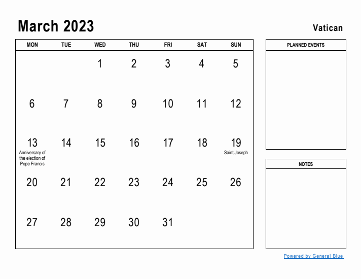 March 2023 Printable Monthly Calendar with Vatican Holidays