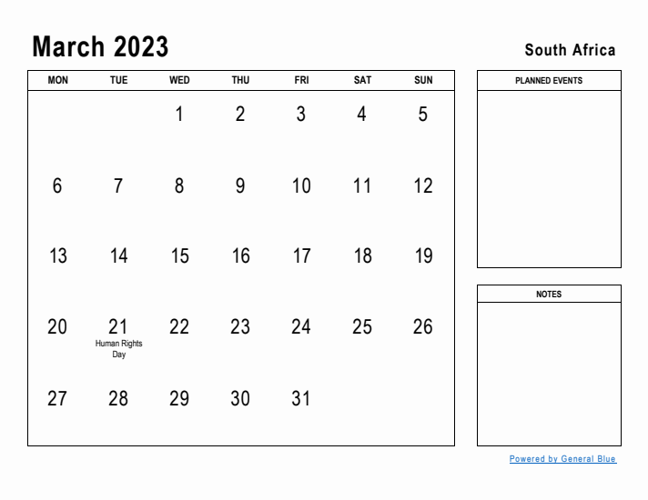 March 2023 Printable Monthly Calendar with South Africa Holidays