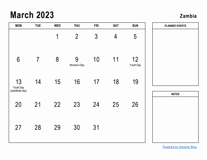 March 2023 Printable Monthly Calendar with Zambia Holidays