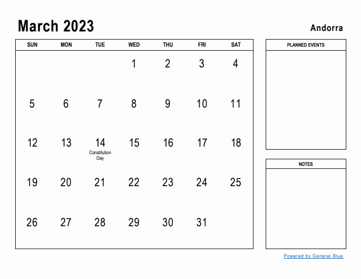 March 2023 Printable Monthly Calendar with Andorra Holidays