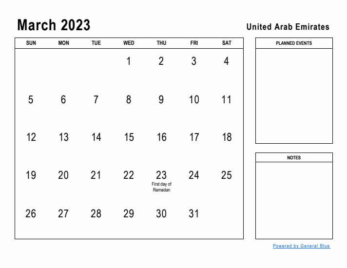 March 2023 Printable Monthly Calendar with United Arab Emirates Holidays