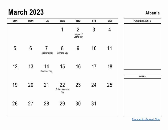 March 2023 Printable Monthly Calendar with Albania Holidays