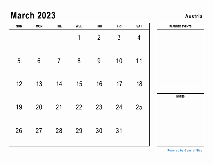 March 2023 Printable Monthly Calendar with Austria Holidays