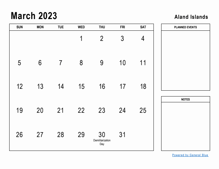 March 2023 Printable Monthly Calendar with Aland Islands Holidays