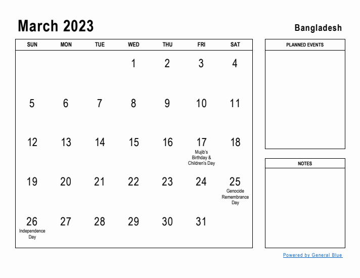 March 2023 Printable Monthly Calendar with Bangladesh Holidays