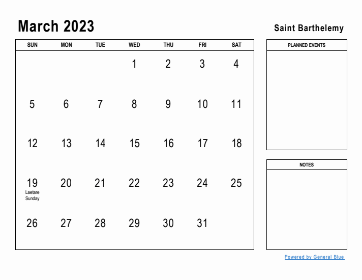 March 2023 Printable Monthly Calendar with Saint Barthelemy Holidays