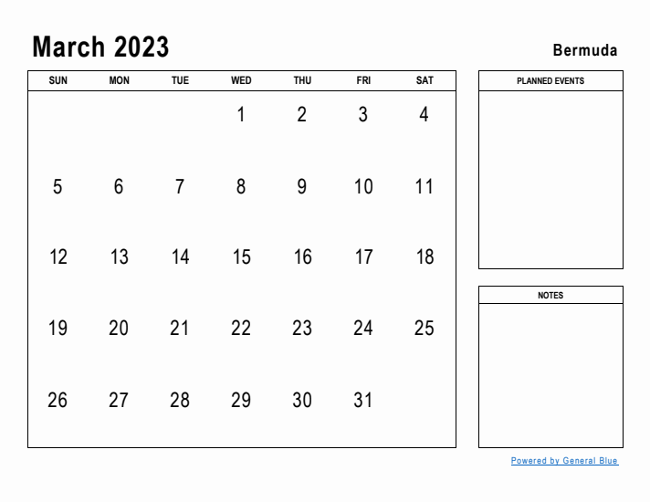 March 2023 Printable Monthly Calendar with Bermuda Holidays