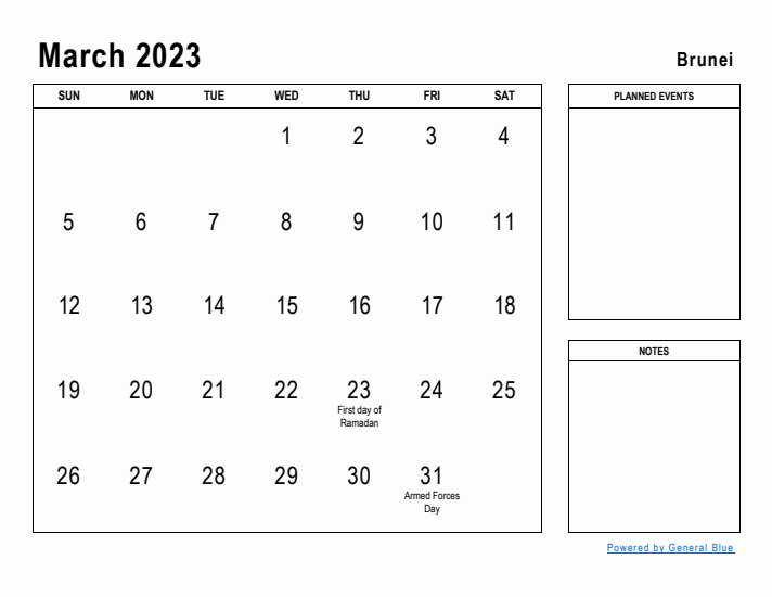 March 2023 Printable Monthly Calendar with Brunei Holidays