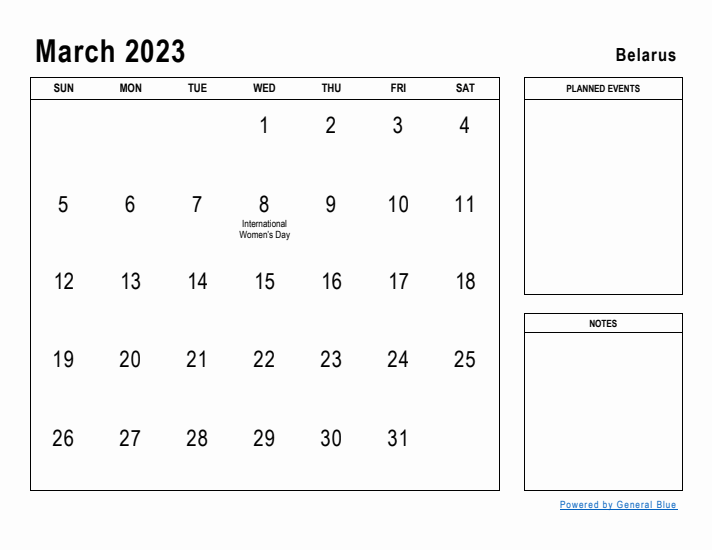 March 2023 Printable Monthly Calendar with Belarus Holidays