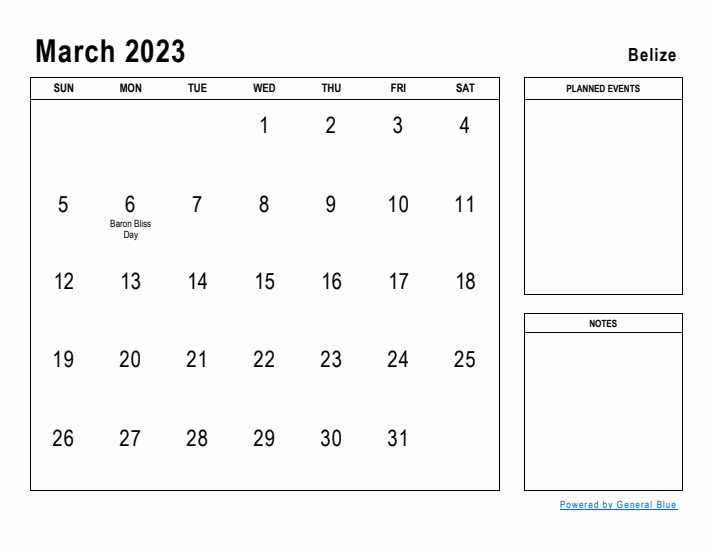 March 2023 Printable Monthly Calendar with Belize Holidays