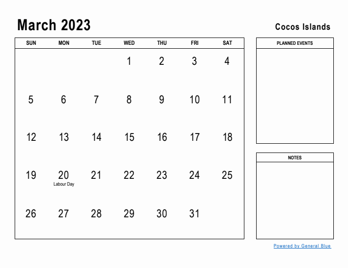 March 2023 Printable Monthly Calendar with Cocos Islands Holidays