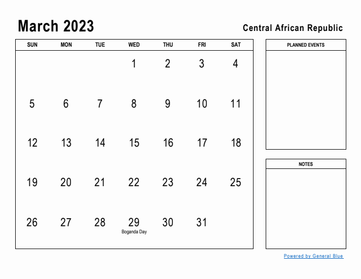 March 2023 Printable Monthly Calendar with Central African Republic Holidays