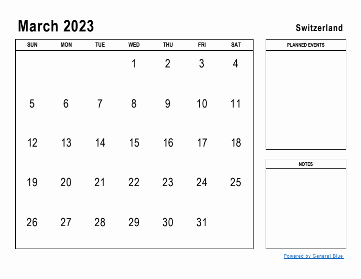 March 2023 Printable Monthly Calendar with Switzerland Holidays