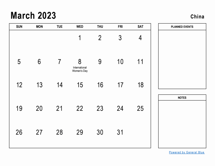 March 2023 Printable Monthly Calendar with China Holidays