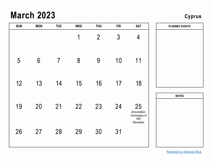 March 2023 Printable Monthly Calendar with Cyprus Holidays