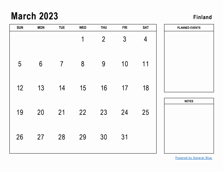 March 2023 Printable Monthly Calendar with Finland Holidays