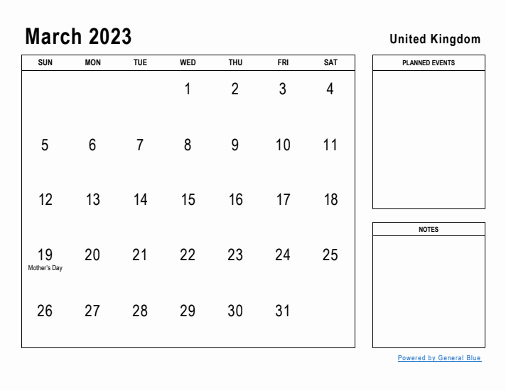 March 2023 Printable Monthly Calendar with United Kingdom Holidays