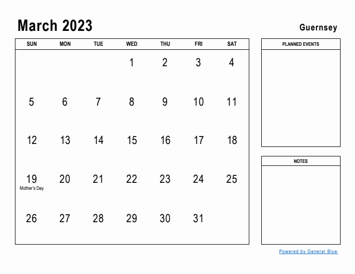 March 2023 Printable Monthly Calendar with Guernsey Holidays